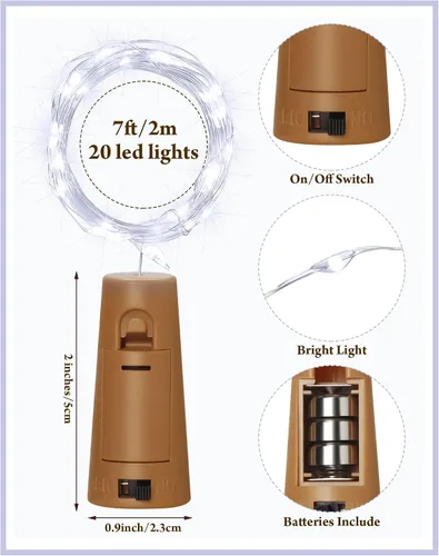 Vista 2 de Hortsun Paquete de 40 luces para botella de vino con cadena de luces de corcho de hadas, funciona con pilas, mini cable plateado de 7 pies, 20 luces
