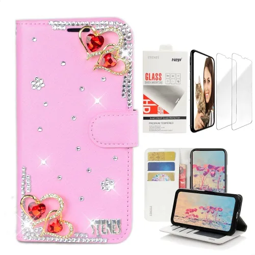 Vista 8 de Bling - Funda de piel tipo cartera compatible con Samsung Galaxy S21 Ultra - Elegante - 3D hecha a mano con colgante de hojas de lujo con protector