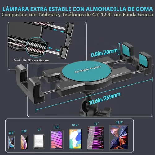 Vista 2 de Porfortop Soporte de aluminio resistente para tableta, soporte para tableta, soporte de montaje en automóvil, soporte ajustable de 2 etapas de 360°