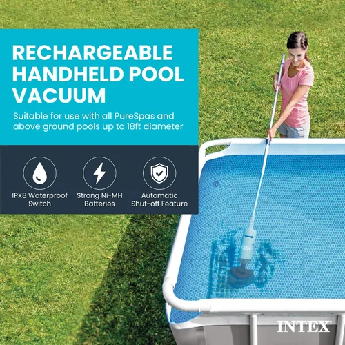 Vista 2 de Intex Aspiradora de piscina portátil recargable con mango telescópico de 94 pulgadas y 2 cabezas de cepillo intercambiables para piscinas