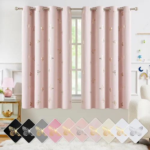 Vista 20 de Jubilantex - Cortinas opacas con diseño de mariposa dorada, 80 % rosa bebé Cortinas opacas 80% rosa lavanda/rosa bebé, estampado de mariposa