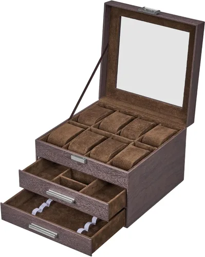 Vista 8 de Caja de reloj, regalos de Navidad, caja de reloj de 8 ranuras con tapa de vidrio, almohadas de reloj extraíbles, organizador de caja de joyería de 3