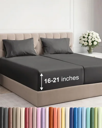 Vista 64 de Juego de sábanas tamaño Queen con bolsillos extra profundos, sábanas transpirables y refrescantes de 4 piezas, ropa de cama de lujo para hotel