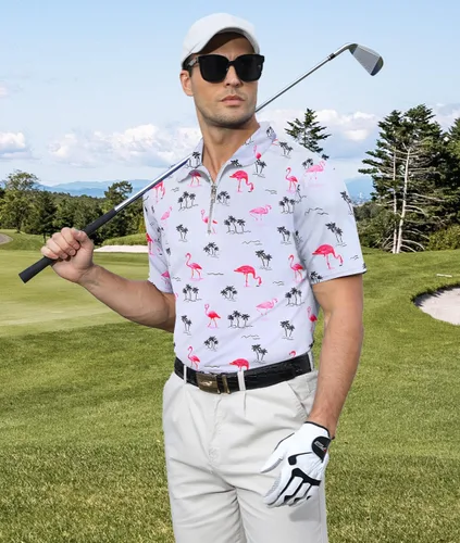 Vista 3 de Idgreatim Camisa polo hawaiana con cremallera para hombre, absorbe la humedad, manga corta, para golf, tallas S-XXL