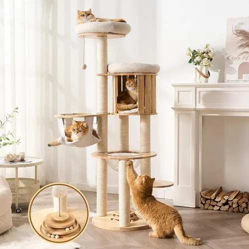 Vista 15 de Moderno árbol de madera maciza para gatos de interior de hasta 15 libras, torre para gatos de 49 pulgadas de alto con postes rascadores y rascador