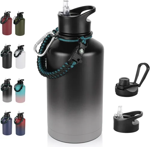 Vista 72 de Botella de agua aislada de 64 onzas con tapas de pajita y boquilla, jarra de agua de acero inoxidable de medio galón con mango de paracord, vacío