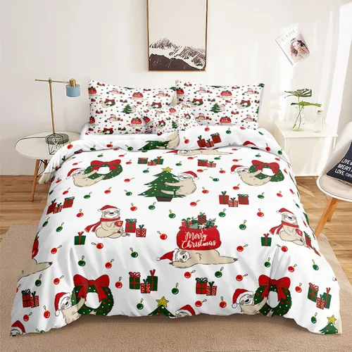 Vista 40 de Juego de ropa de cama de Navidad con funda de edredón de copos de nieve, color blanco y rojo, con estampado navideño, juego de ropa de cama festiva