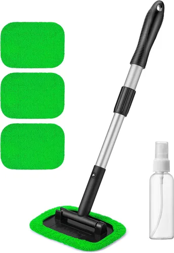 Vista 9 de AstroAI Limpiaparabrisas, 4 almohadillas de microfibra reutilizables y lavables, para ventana de vehículo, mango telescópico, extensible, kit