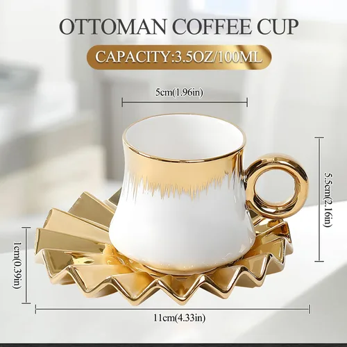 Vista 3 de Juego de 6 tazas de café turco de cerámica de 3.5 onzas, tazas y platillos de porcelana para capuchino italiano británico con ribete dorado