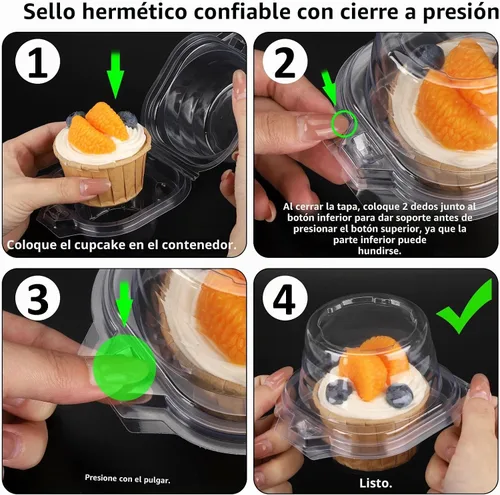 Vista 6 de Paquete de 100 recipientes individuales para cupcakes con calcomanías, cajas individuales de plástico transparente para cupcakes con tapas