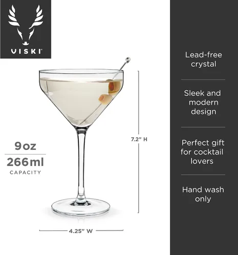 Vista 3 de Viski Vasos de Martini en ángulo, vasos de cóctel de cristal premium, vasos para el hogar y el bar, copas de cóctel con tallo, juego de regalo
