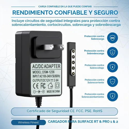 Vista 5 de Microsoft Surface Pro 2 Cargador para RT, Surface 2, Pro 1, 43W 12V 3.6A