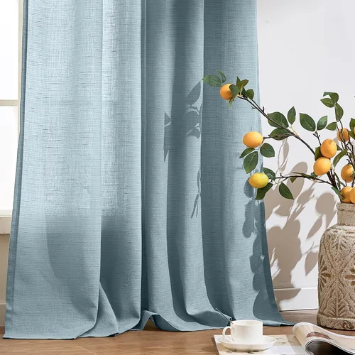 Vista 8 de Jinchan Cortinas de lino azul semitransparentes de 96 pulgadas de largo, 2 paneles para sala de estar con ojales, cortinas oscuras de lino