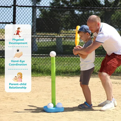 Vista 6 de Liberry Tball Set para niños pequeños con soporte de pelota de altura ajustable, base pesada y bate de béisbol para niños, juguetes deportivos, Verde