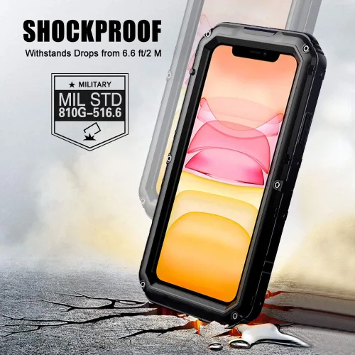 Vista 4 de Mitywah Funda impermeable para iPhone 11, resistente y duradera, de metal, protección de pantalla integrada, impermeable, a prueba de golpes, a Negro