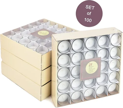 Vista 3 de Serene Spaces Living Paquete de 100 velas votivas blancas sin perfume en soportes de vidrio, 10 horas de tiempo de combustión, juego a granel