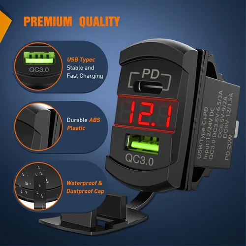 Vista 3 de Nilight Interruptor de palanca con salida USB, voltímetro LED, conector rápido 12V PD tipo C y USB QC 3.0 para automóviles, reemplazo con fusible
