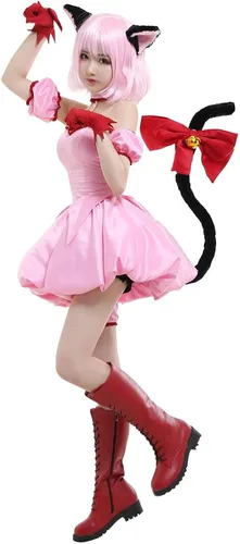 Vista 3 de miccostumes Disfraz de anime para mujer, vestido corto rosa transformado con orejas de gato y cola
