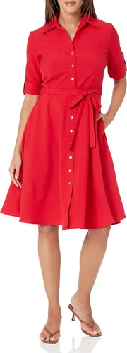 Vista 12 de Sharagano Vestido camisero plisado para mujer, manga 3/4, cuello en V, botones dorados Acacia