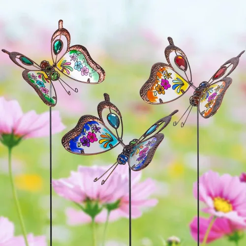 Vista 2 de Paquete de 3 Estacas Decorativas de Jardín con Mariposas, Adornos Exteriores de Arte de Metal para Patio, Estacas de Jardín para Decoración