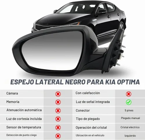 Vista 2 de Espejo lateral del conductor compatible con espejos Kia Optima 2011 2012 2013 con luz intermitente, vidrio eléctrico, plegado manual, repuesto Negro