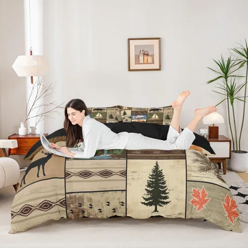 Vista 3 de Funda de edredón de cabaña marrón retro, juego de ropa de cama de retazos con diseño de oso del bosque, ciervos para cabaña rústica, funda de Multi
