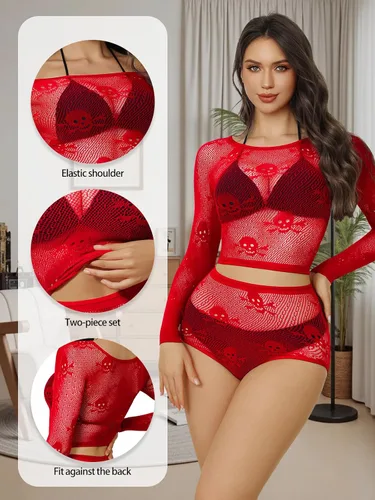 Vista 2 de Buitifo Conjunto de lencería para mujer, babydoll de red, sexy, disfraz de calavera para Halloween