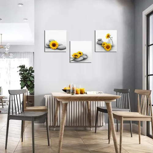 Vista 5 de Biuteawal Lienzo de girasol para pared, 3 piezas, pintura amarilla y gris, relajante con piedra zen, ilustraciones impresas para spa, baño, sala