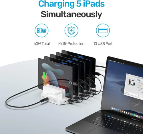 Vista 8 de Unitek Estación de carga múltiple, cargador USB de 10 puertos para múltiples dispositivos con tecnología SmartIC y divisores ajustables, soporte