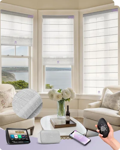 Vista 17 de Graywind Persianas romanas inteligentes compatibles con Alexa Google, persianas motorizadas recargables con control remoto de filtrado de luz