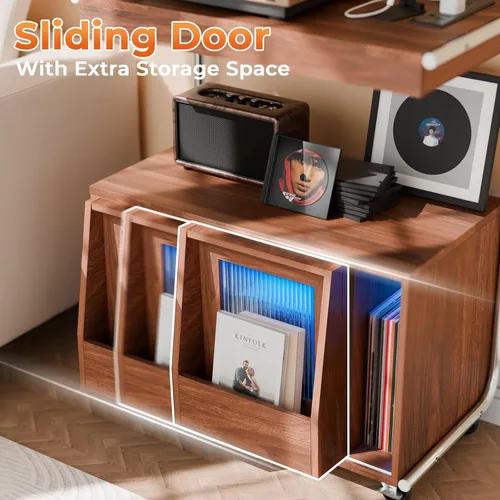 Vista 3 de Soporte grande para tocadiscos con puerta corredera y ruedas, armario de almacenamiento de discos de vinilo de 200 grados, mesa de tocadiscos