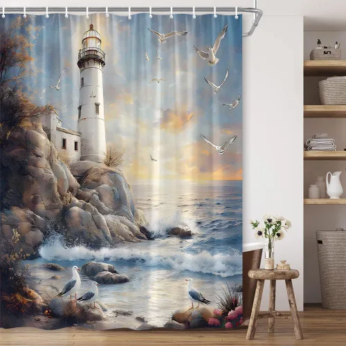 Vista 2 de Cortina de ducha con diseño de faro náutico, paisaje retro, costa, roca, gaviota, tropical, hawaiano, escena de poliéster, decoración de baño, 36 x