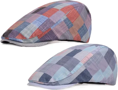 Vista 17 de Paquete de 2 gorras planas de algodón a cuadros para hombre, diseño de Ivy Cabbie Golf Gatsby