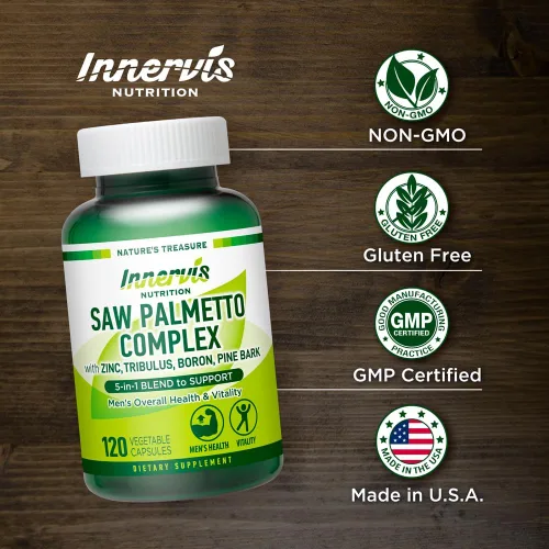 Vista 4 de Apoyo urinario y próstata para hombres – Complejo de palma enana americana 5 en 1 con zinc, tribulo, boro, corteza de pino – 120 cápsulas vegetales