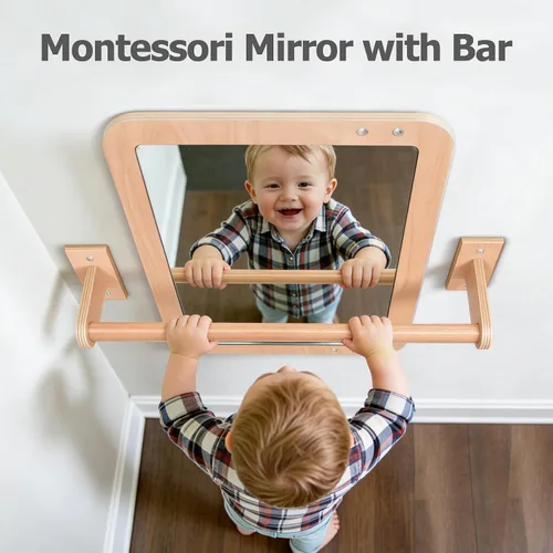 Vista 6 de Montessori Baby Espejo de seguridad inastillable 2 en 1 con barra de dominadas, montaje en pared infantil y juego en el suelo para el tiempo boca