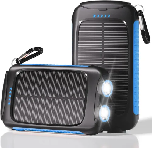 Vista 11 de Banco de energía solar de 20000 mAh, cargador portátil negro con salidas USB-C y USB-A, batería de reserva de emergencia, linterna LED, para iPhone