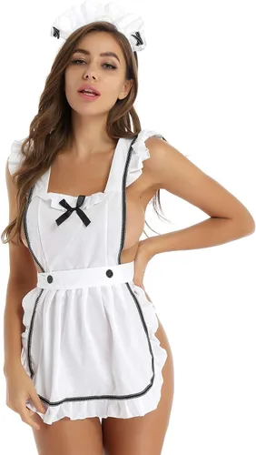 Vista 5 de Conjunto de lencería con volantes para mujer, con volantes, delantal de sirvienta francés, babydoll y uniforme