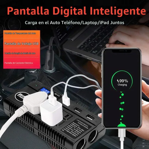 Vista 7 de Inversor de corriente para automóvil de 120 W, 12 V, 24 V CC a 110 V CA, 4 puertos USB, adaptador de cargador de coche con 3 salidas de CA