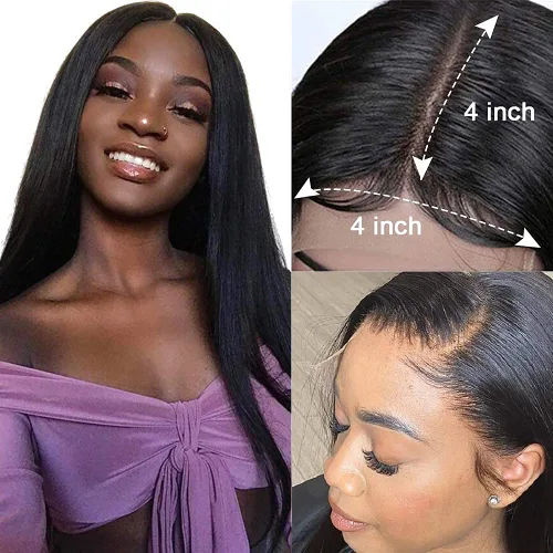 Vista 3 de Pelucas de cabello humano lacio para mujeres negras, encaje frontal de 13 x 4 pulgadas, previamente despuntada, sin pegamento, HD frontal, negro