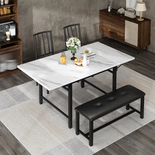 Vista 8 de AWQM Mesa de comedor de 4 piezas de mármol sintético con estante de almacenamiento, juego de mesa de rincón de desayuno que ahorra espacio con 2