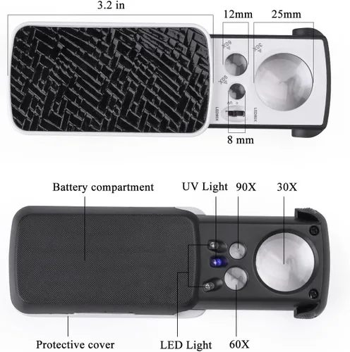 Vista 2 de 2 Piezas Lupas de Joyero 30X 60X 90X, Lupa Ocular Iluminada Deslizable con 3 Luces para Monedas Gemas Joyas Rocas Relojes (Negro) 2