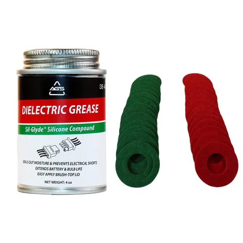 Vista 2 de AGS Automotive Solutions Kit de grasa de silicona dieléctrica, lata superior de cepillo de 4 onzas con 20 arandelas de terminales de batería