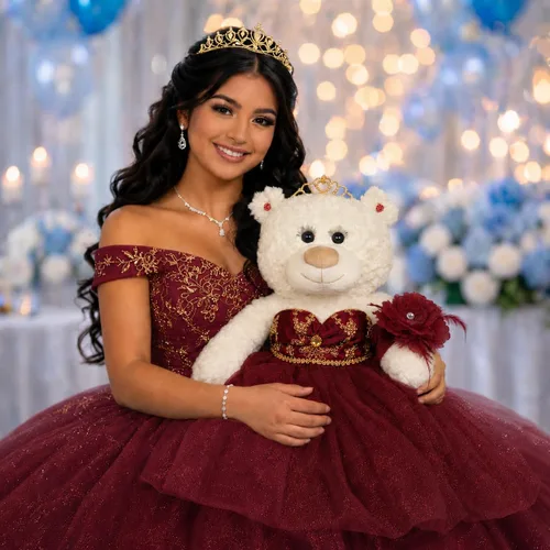 Vista 2 de KINNEX COLLECTIONS SINCE 1997 Centro de mesa grande de 20.0 in de oso de peluche de quinceañera, vestido elegante, regalo de recuerdo de gran