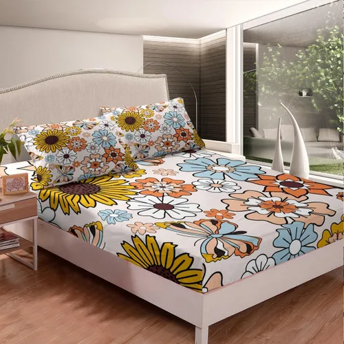 Vista 2 de Feelyou Juego de sábanas de flores hippie retro, tamaño individual, juego de sábanas de mariposa para niños y adolescentes, decoración de los años