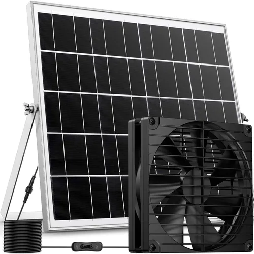 Vista 11 de Ventilador solar con batería, ventilador solar recargable para gallinero, invernadero, cobertizo, exterior con dos ventiladores de entrada de escape