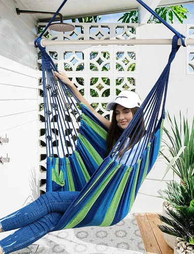Vista 2 de Chihee - Hamaca con columpio de silla - Metal fuerte, plegable, portátil, máximo 500 libras, asiento cómodo, para patio y césped, mezcla de algodón