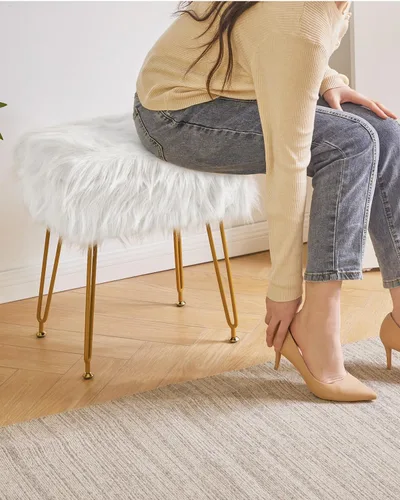 Vista 9 de IBUYKE Taburete rectangular de piel sintética con almacenamiento, color blanco WBD022W Furry Makeup Chair Ottoman Soft Padded Seat Round Footrest