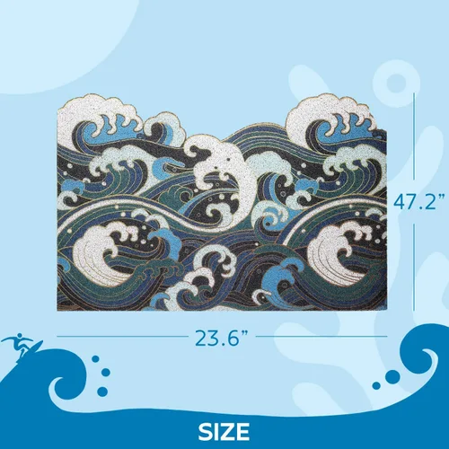 Vista 2 de Tapete de puerta de entrada de onda azul, tapete de estilo japonés Ukiyo-e, tapete antideslizante de PVC para puerta, tapete para el hogar, tapete