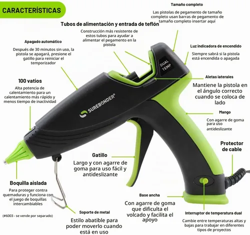 Vista 3 de Surebonder Pistola de Pegamento Caliente y Barras de Pegamento, Pistola de Pegamento Caliente de Tamaño Completo de 100W de Doble Temperatura con 20