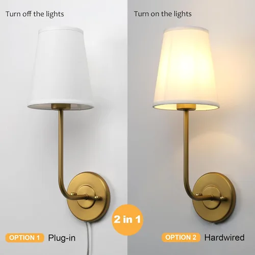Vista 6 de Pathson Plug in Wall Sconce, Rustic Wall Light Fixture with On/Off Switch and Pure White Fabric Lampshade, Antique Brass Wall Lamp for Living Room